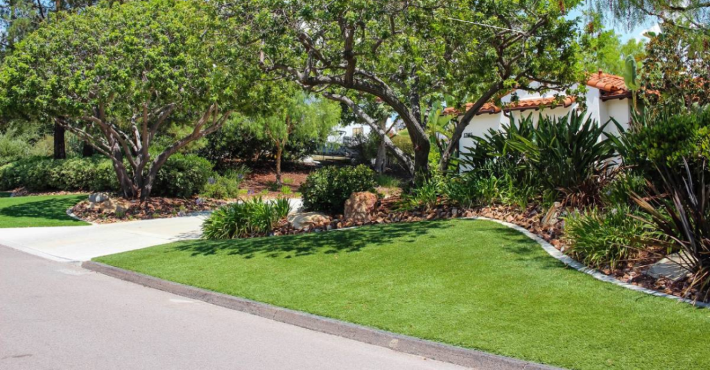Front yard landscaped with synthetic turf
