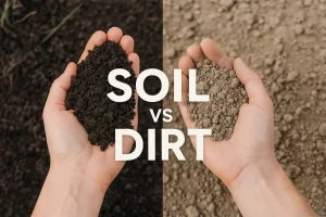 Two hands holding soil and dirt, with the text "SOIL vs DIRT" in the center