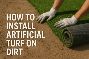 Person wearing gloves rolls out artificial turf on dirt. Text on image: "How to install artificial t