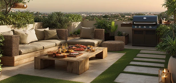 A rooftop patio with seating, a table of food, and a grill in the background