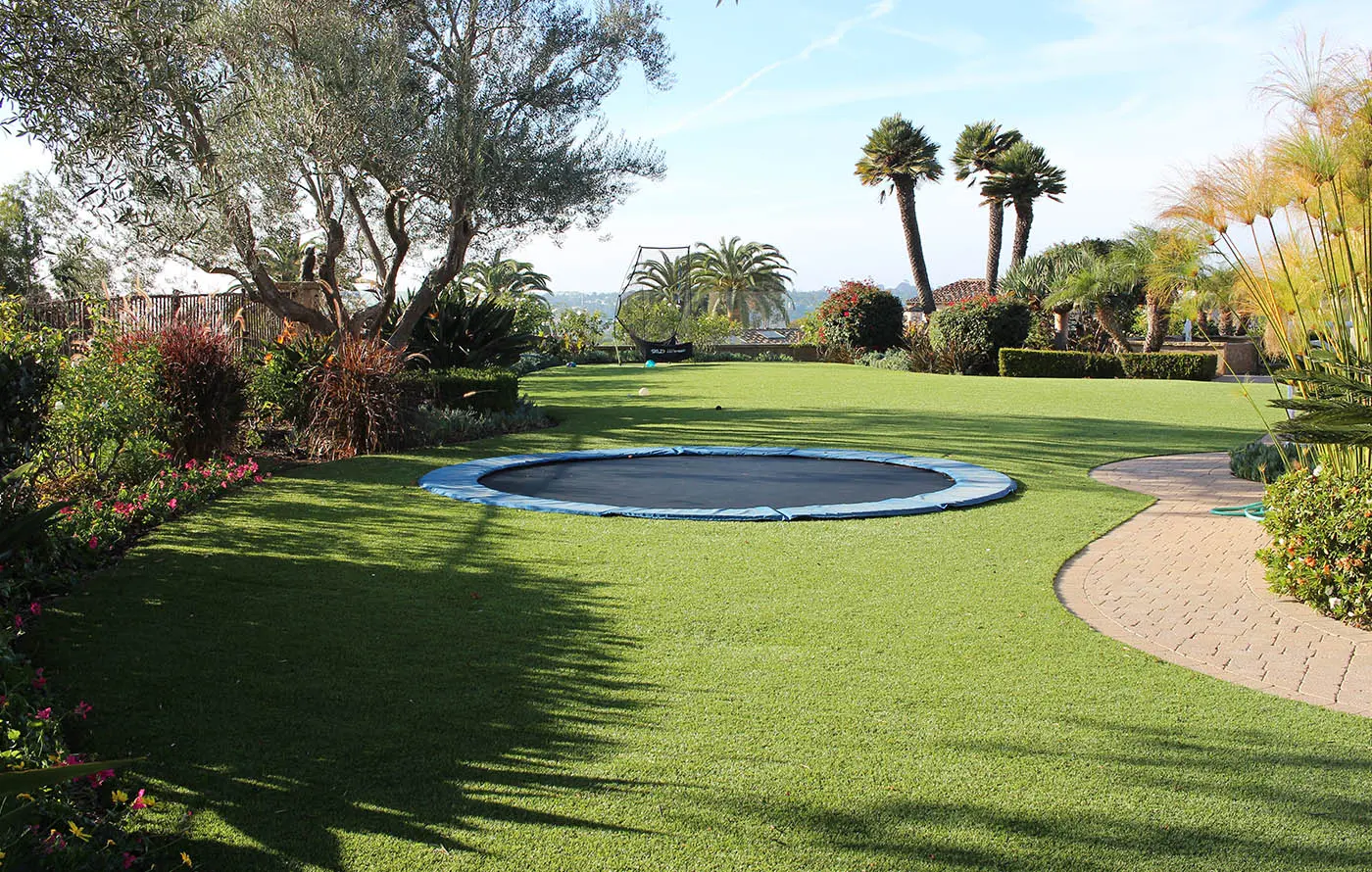 Lawn with a trampoline surrounded by trees and shrubs under a clear sky
