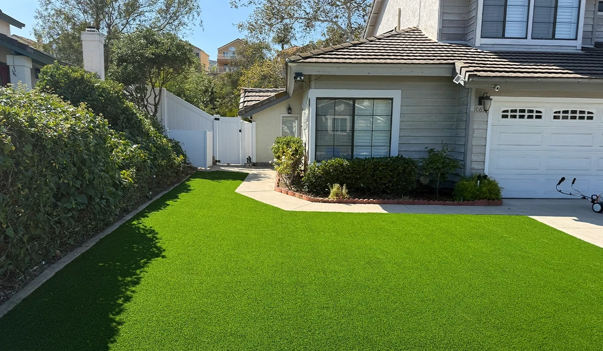 Green lawn in front of a house with a driveway and shrubs on the side