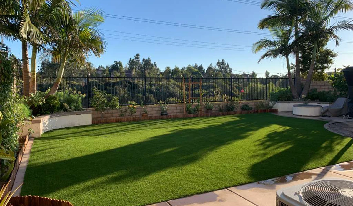 Outdoor space with green grass, palm trees, and a fenced view of hills in the background