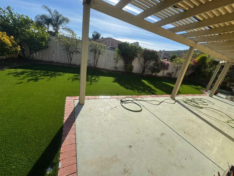 View of a backyard with green grass, plants, and a patio area under a pergola