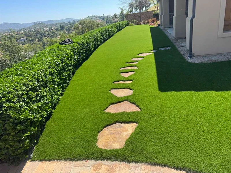 Lawn with green grass and stone pathway leading to a house, lined by hedges