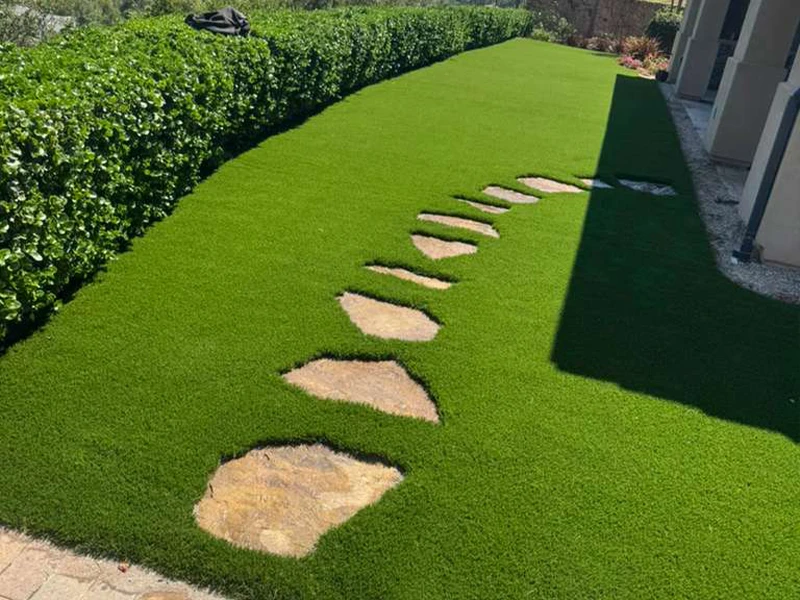 Green lawn with stepping stones forming a path through the grass