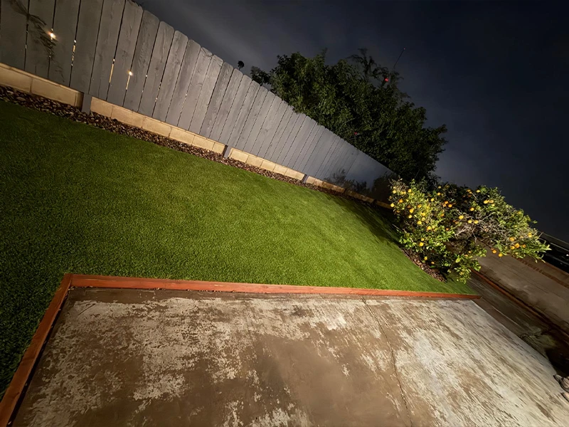Nighttime backyard view with grass, a bush, and a concrete area. Wooden fence in background